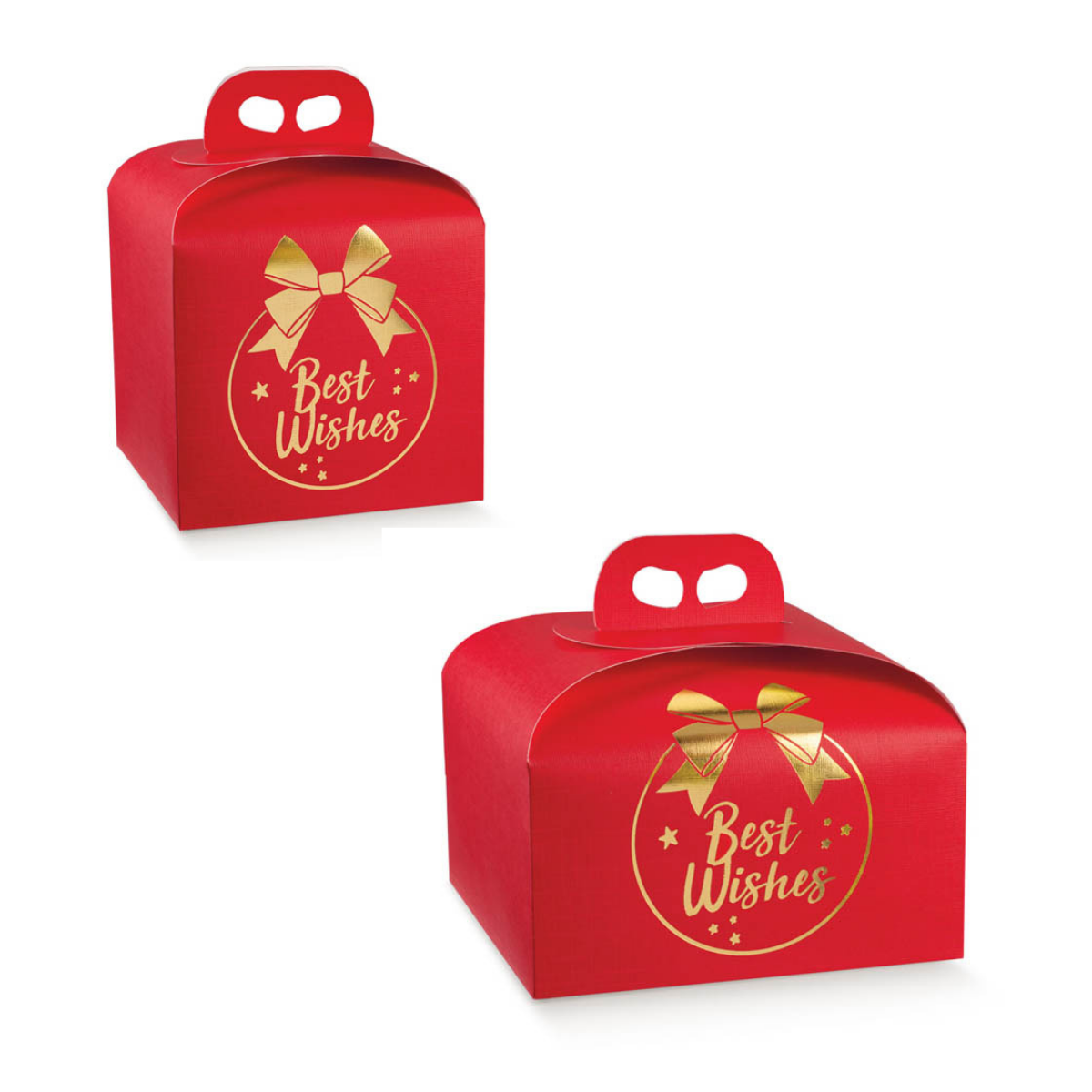 Scatola porta panettone e porta panettone basso, rossa con scritte dorate 