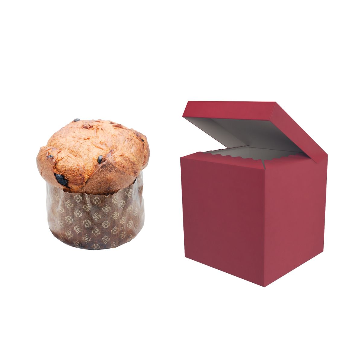 Scatola per panettone bordeaux  panettone vicino 