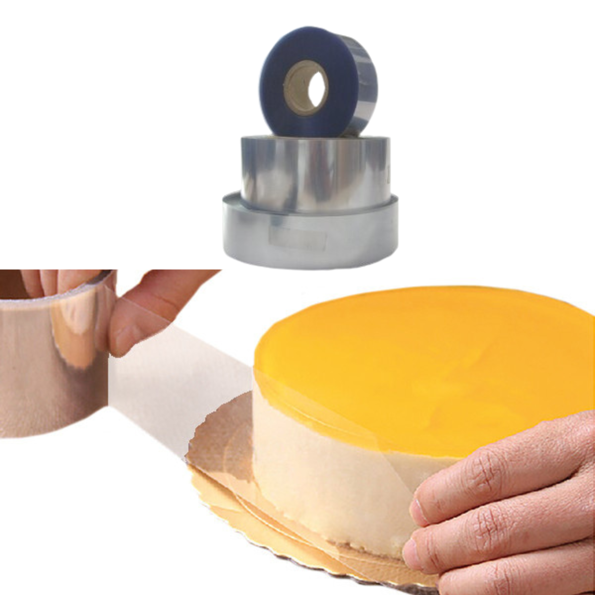 Rotolo in acetato per pasticceria, mostrato nei suoi rotoli ed una mano che lo aggiunge ad una torta