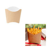 Contenitore per porzione di patatine color avana, mostrato vuoto e con patatine dentro 