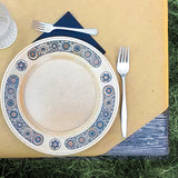 Vista dall'alto di tavolo all'aperto con tovaglia di carta paglia , piatto e tovagliolo di carta azzurro 