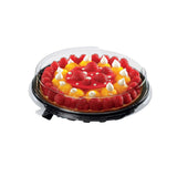 Confezione porta torte base tonda nera e coperchio trasparente, mostrata nella sola base e chiusa con torta dentro