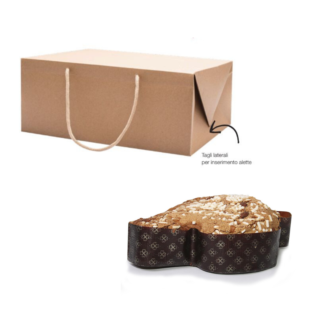 Scatola di cartone color avana con  manici in cordino per colomba pasquale e colomba vicino 