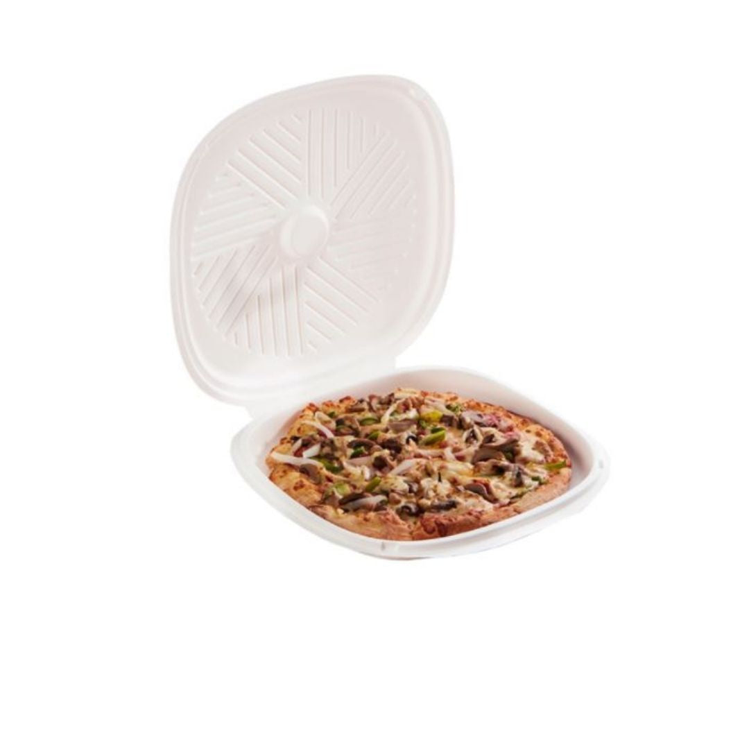 Piatto con coperchio attaccato per pizza con dentro una pizza 