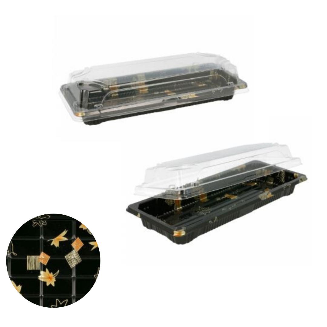 Vaschetta base nera decorata e coperchio trasparente, rettangolare, per sushi, mostrata aperta e chiusa
