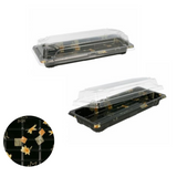 Vaschetta base nera decorata e coperchio trasparente, rettangolare, per sushi, mostrata aperta e chiusa