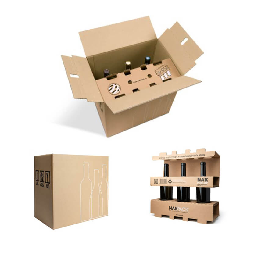 Scatola per spedizione bottiglie mostrata chiusa, aperta vista dall'alto e suoi divisori con tre bottiglie 