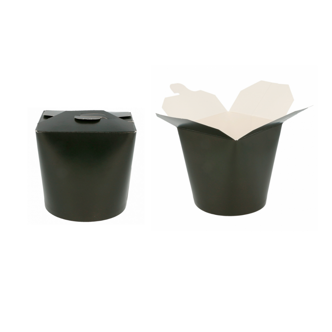Contenitore Take Away in Cartone Nero, mostrato chiuso ed aperto 