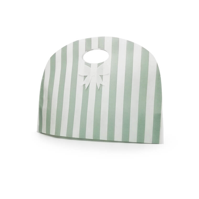 Shopper per confezioni con manico a fagiolo in tessuto tnt, bianca con righe verticali verdi