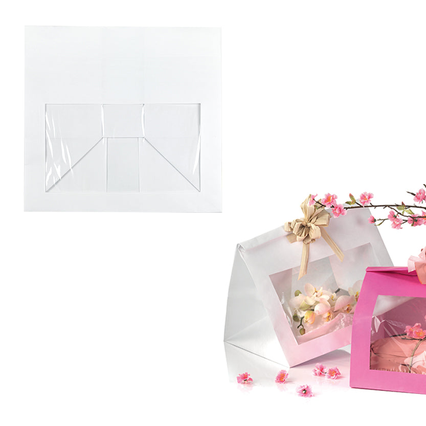 Busta per alimenti con finestra, una bianca mostrata chiusa ed una bianca ed una rosa piene 