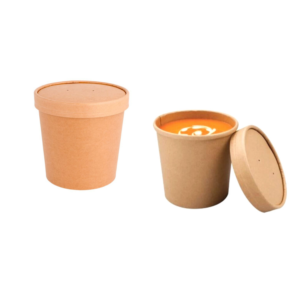 Contenitore asporto, di carta colore avana,  con coperchio, uno chiuso ed uno aperto con zuppa dentro
