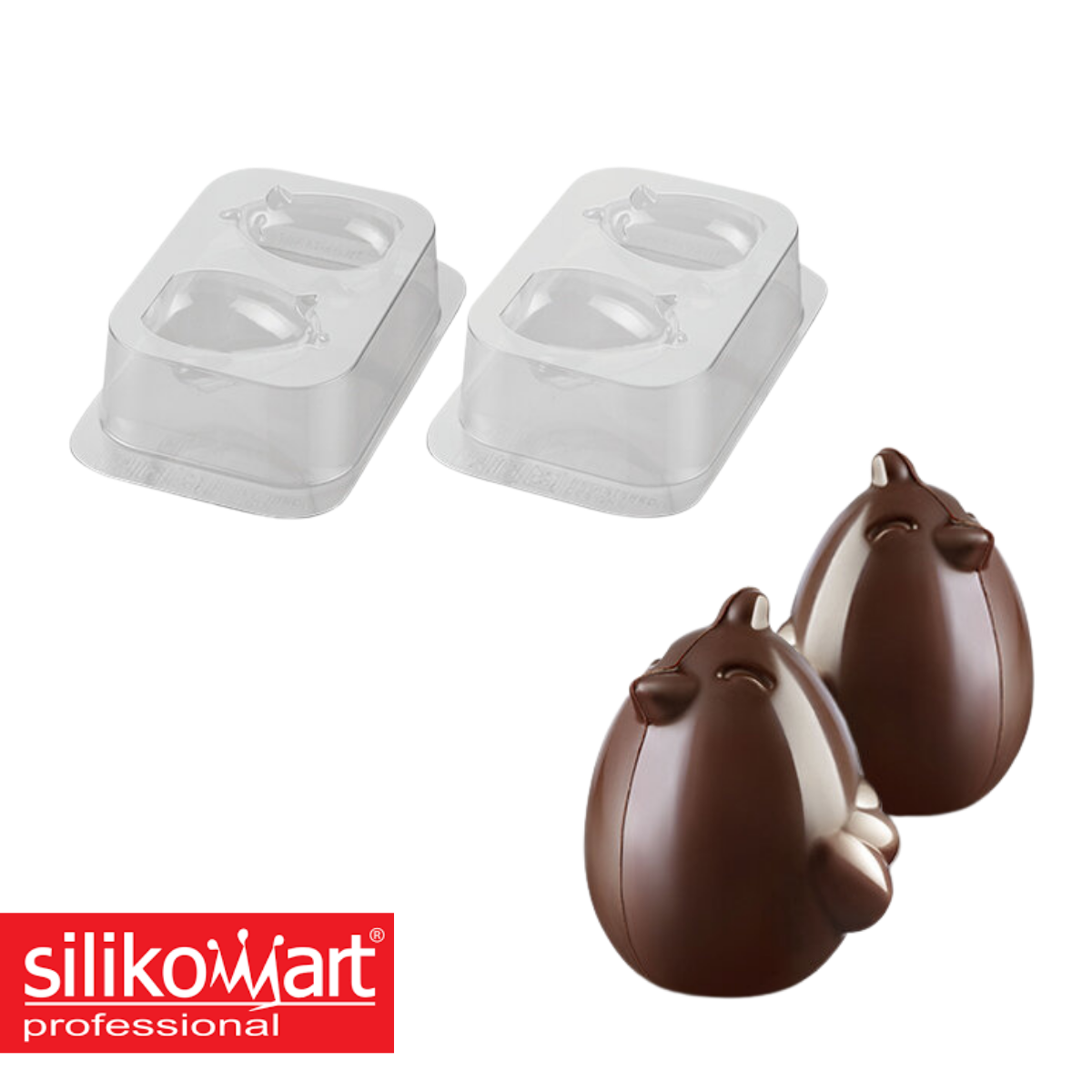 Stampi di silicone per pulcini di cioccolato, e due pulcini di cioccolato 