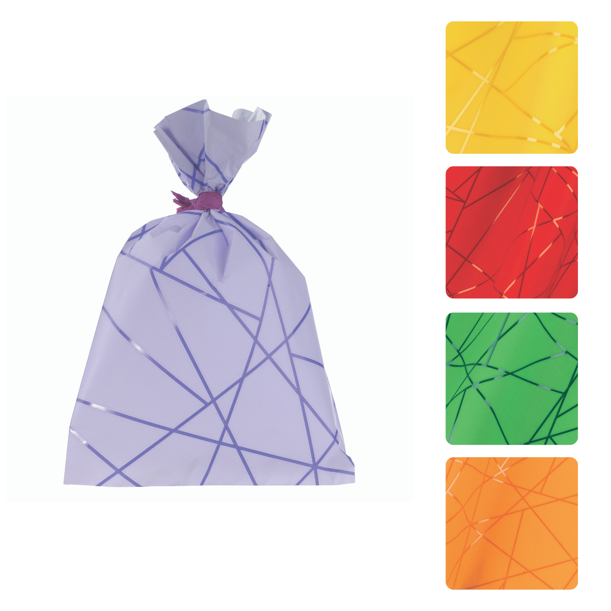 Busta da regalo viola e diversi colori mostrati : giallo, rosso, verde e arancione