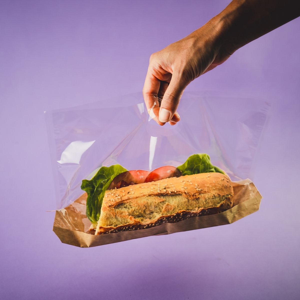 Mano che tiene sacchetto di plastica trasparente  fondo in cartone avana con dentro un panino 