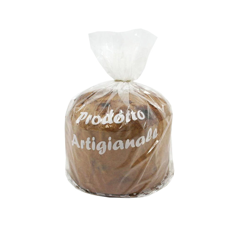 Panettone dentro busta di plastica con scritta bianca prodotto artigianale