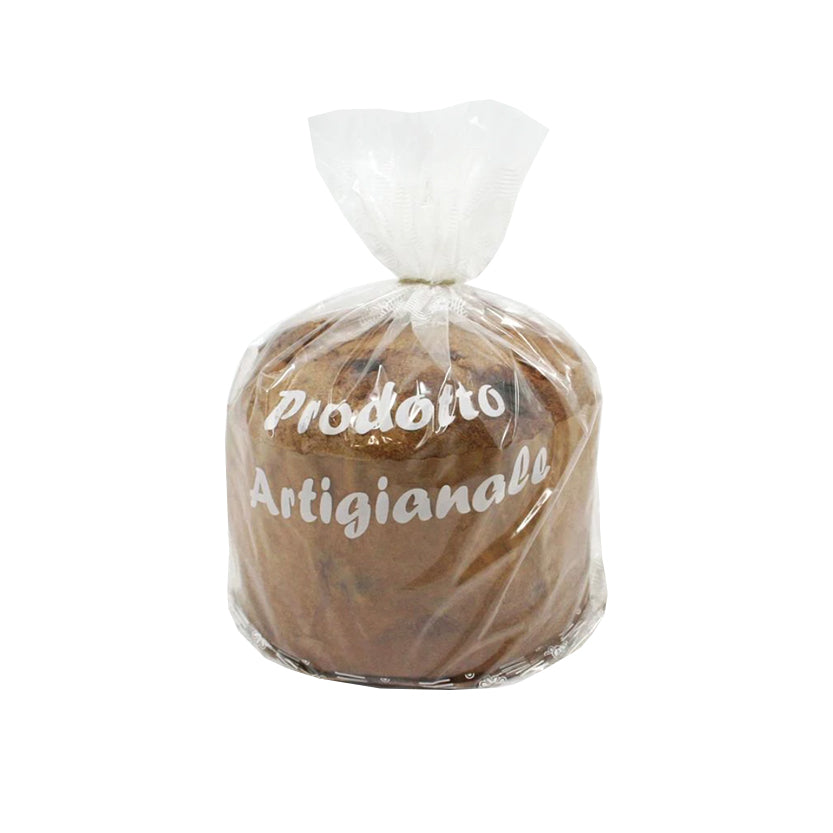 Panettone dentro busta di plastica con scritta bianca prodotto artigianale