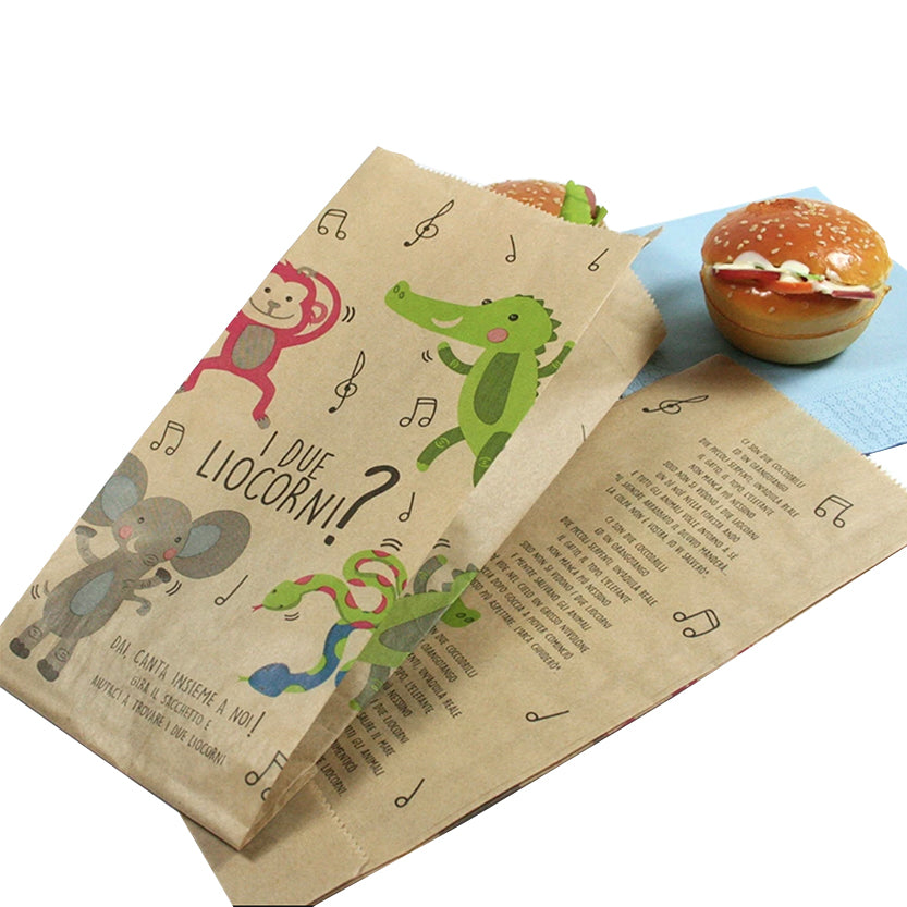 Buste di carta con fantasia due liocorni e un panino 