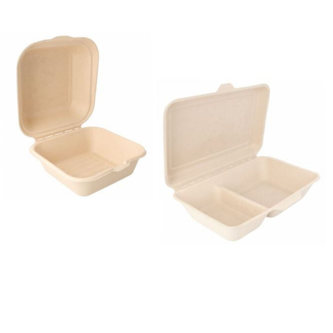 Confezione asporto con coperchio per panino. mostrata aperta con uno scomparto ed aperta con due