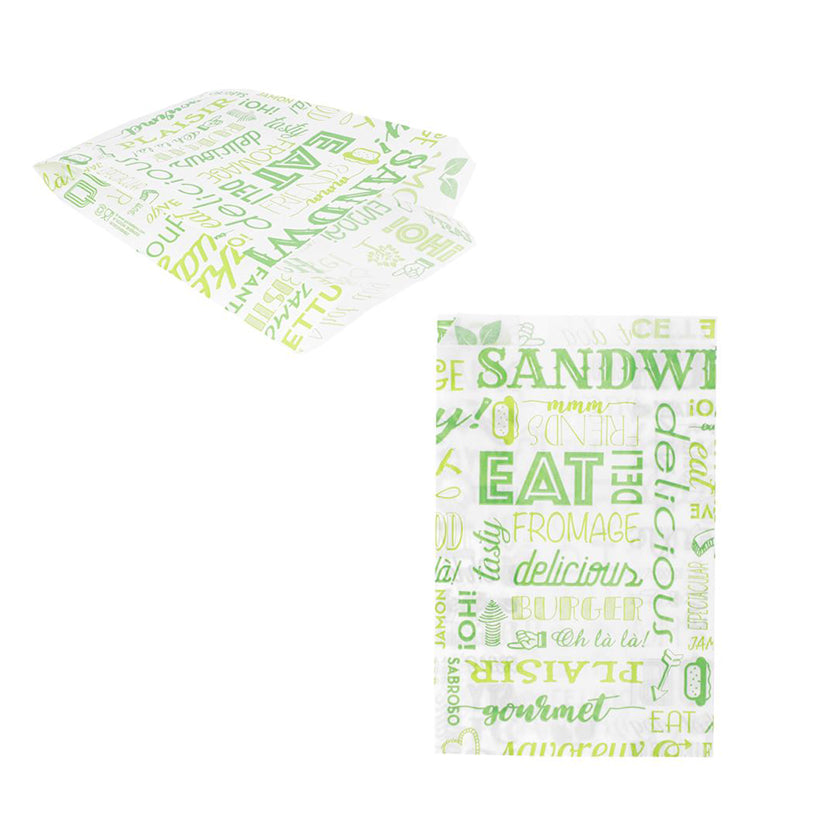 Carta antigrasso bianca con scritte verdi, stesa e aperta a sacchetto 