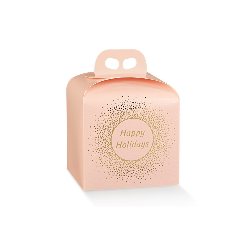 Scatola panettone rosa con scritta happy holidays dorata