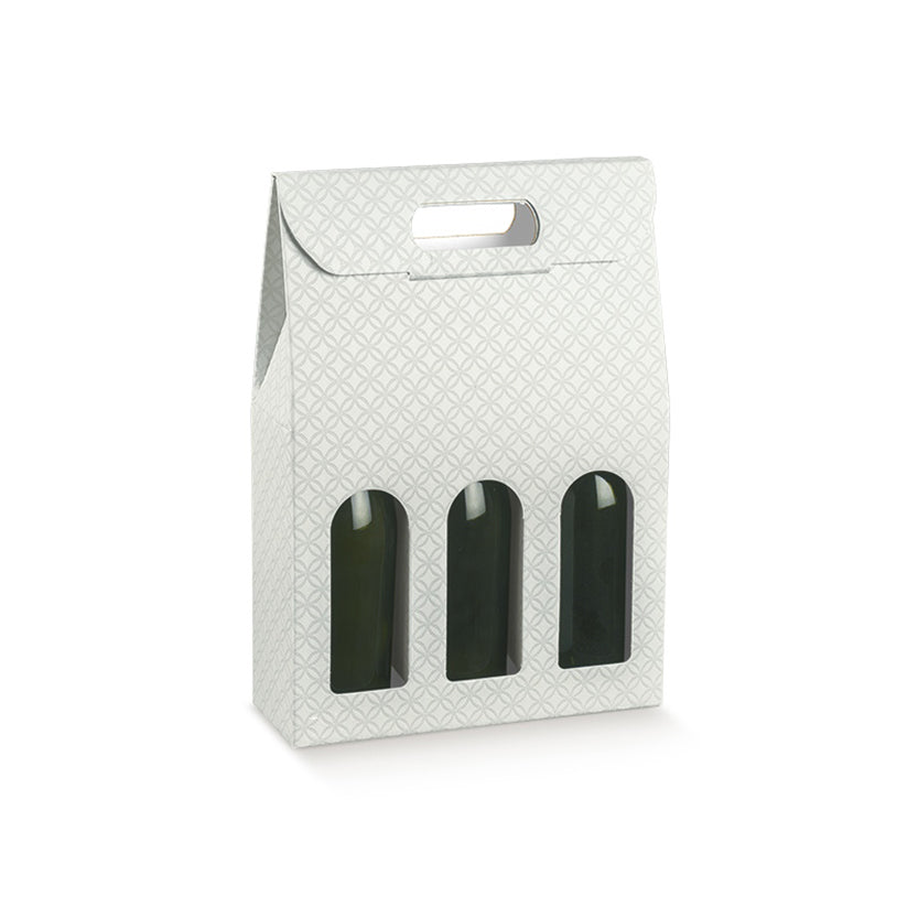 Scatola portabottiglie in cartone finitura matelasse grigio decorato, texture a bassorilievo colore grigio, da tre con finestre 