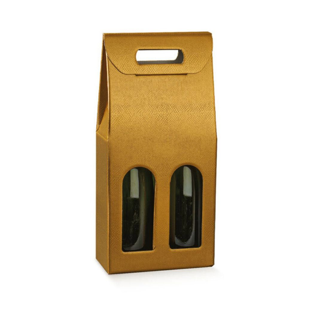 Scatola di cartone color oro per due bottiglie di vino, con due finestre 
