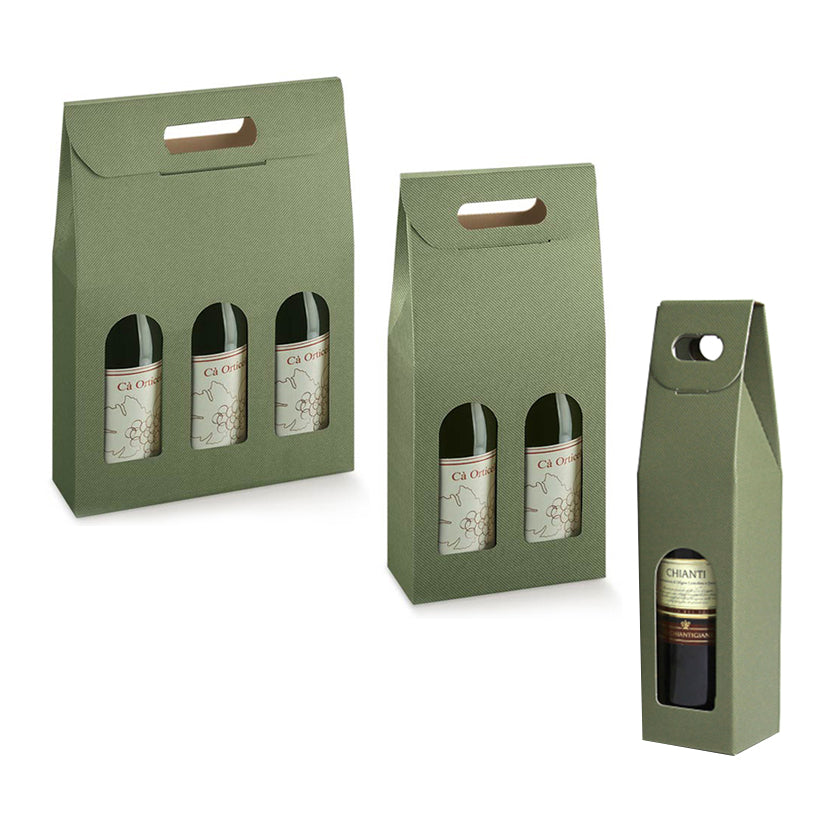 Scatole porta vino, vuote, di cartone, verdi, una da una bottiglia, una da due ed una da tre , con finestre piene