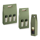 Scatole porta vino, vuote, di cartone, verdi, una da una bottiglia, una da due ed una da tre , con finestre piene