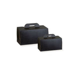 Scatola per asporto nera in cartone resistente con pratica maniglia, mostrata chiusa in due dimensioni