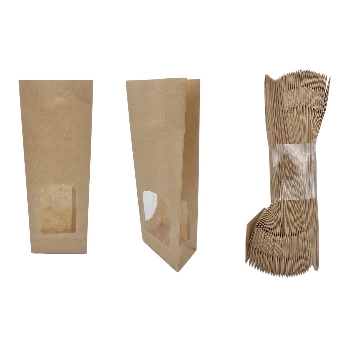 Sacchetto color avana con finestra mostrato lato, di fronte e nel suo pacchetto