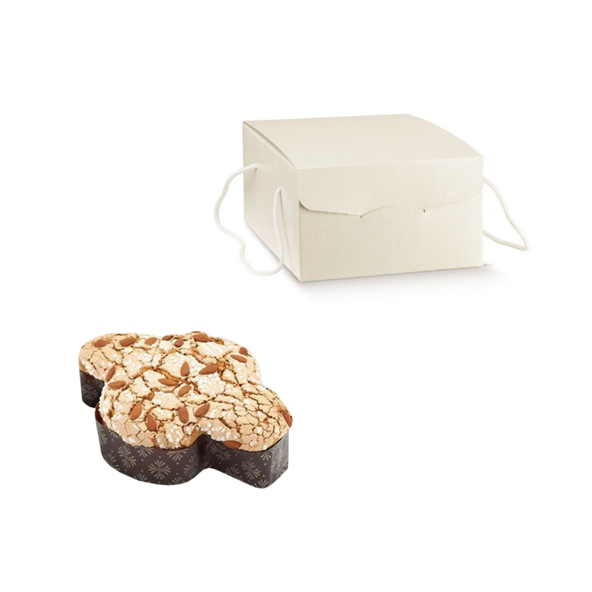 Scatola quadrata bianca, con manici in cordoncino, porta colomba ed una colomba pasquale