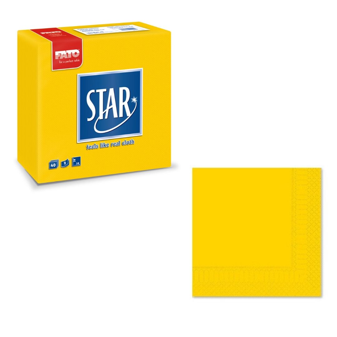 Tovagliolo di carta giallo mostrato singolo e nella sua confezione