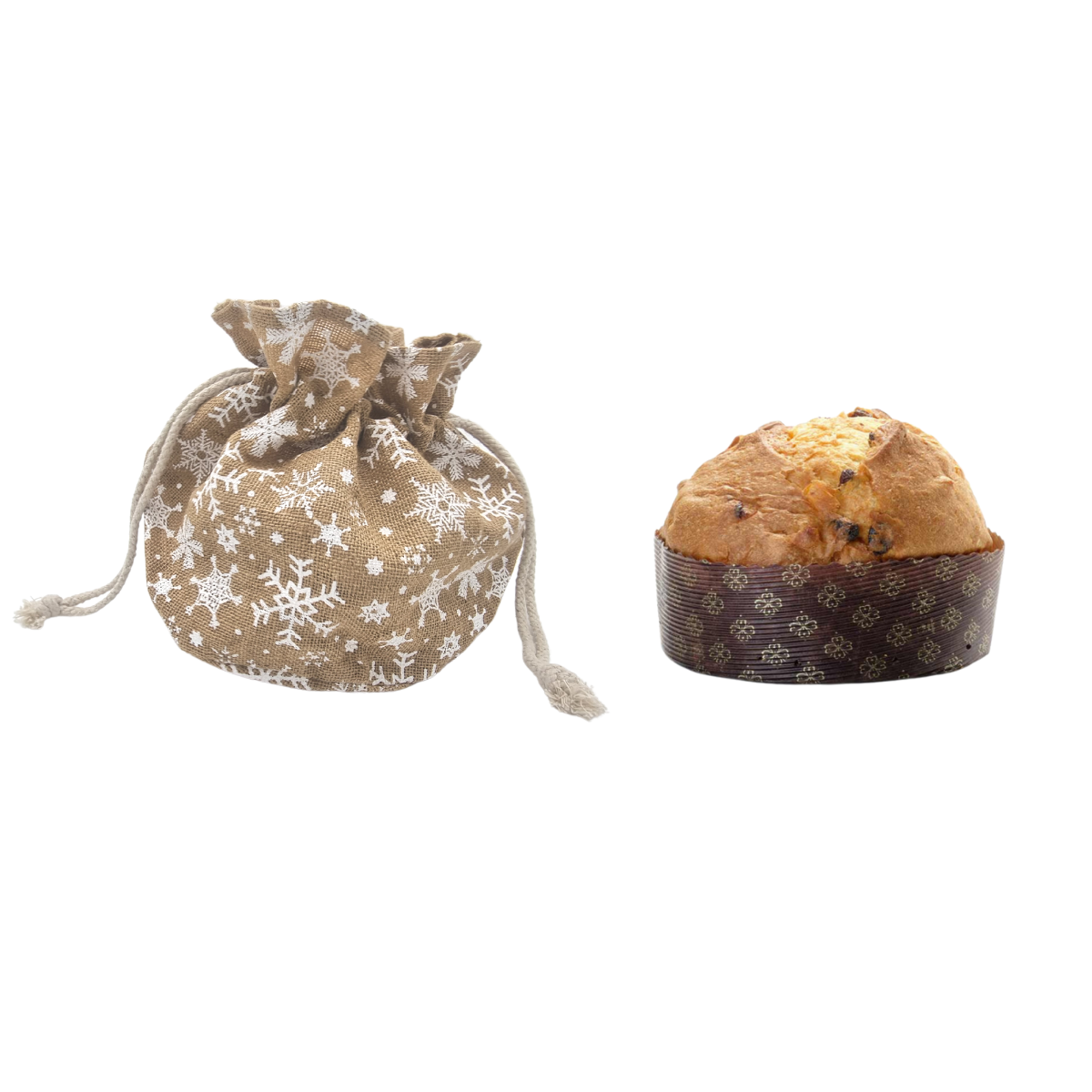 Confezione panettone in juta, con fiocchi di neve bianchi, vicino ad un panettone 