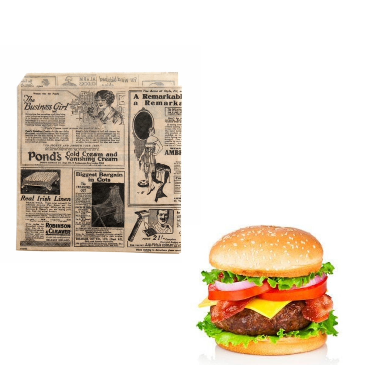 Sacchetto di carta alimentare color avana con fantasia giornale retro steso e con un hamburger vicino 