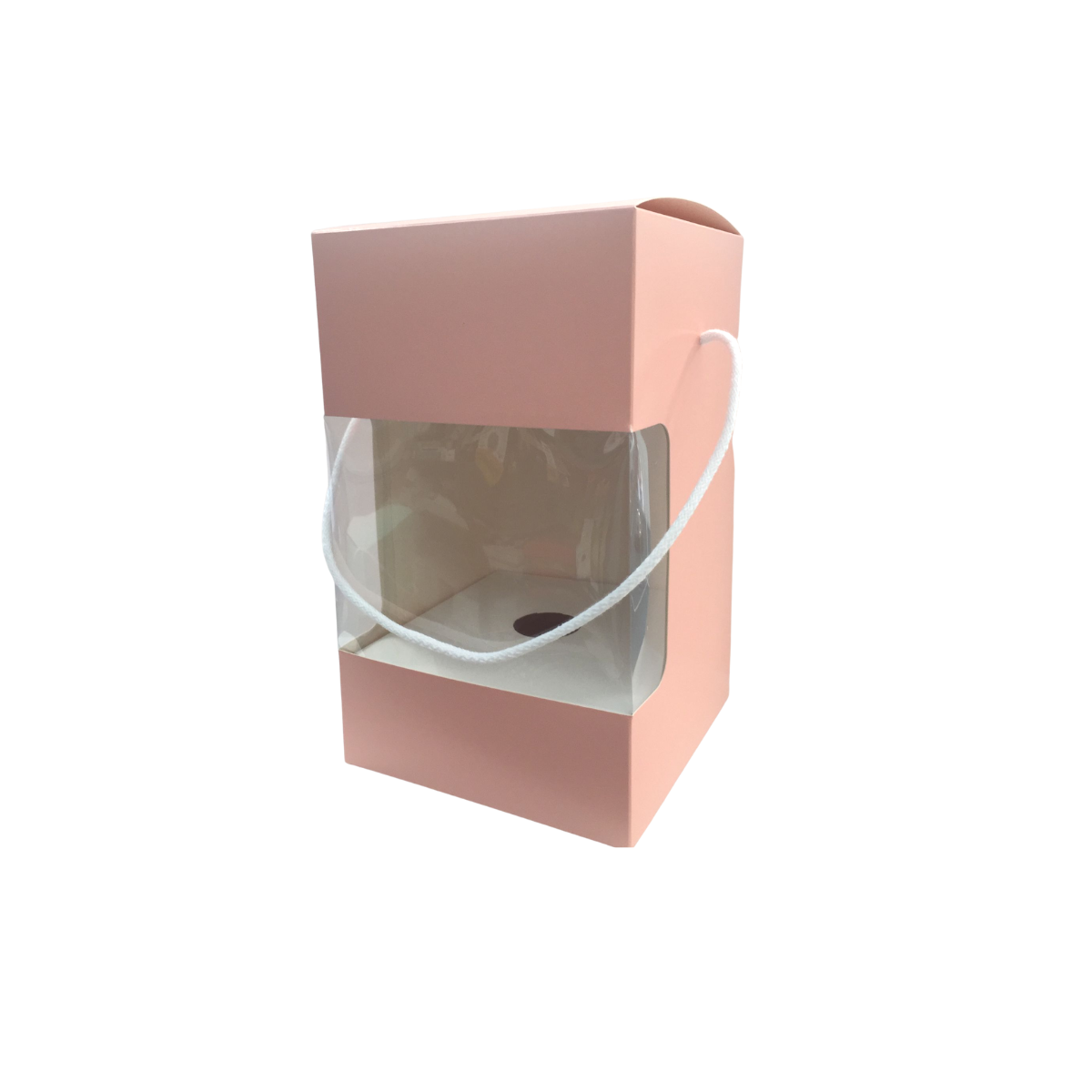Scatola per uovo di Pasqua di cartone rosa con finestra e manico in cordoncino, vuota