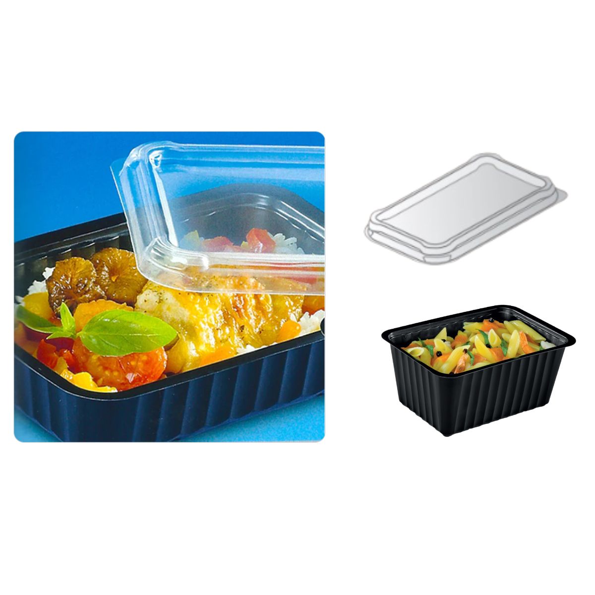 Contenitore di plastica nero, con coperchio trasparente mostrato pieno di cibo 