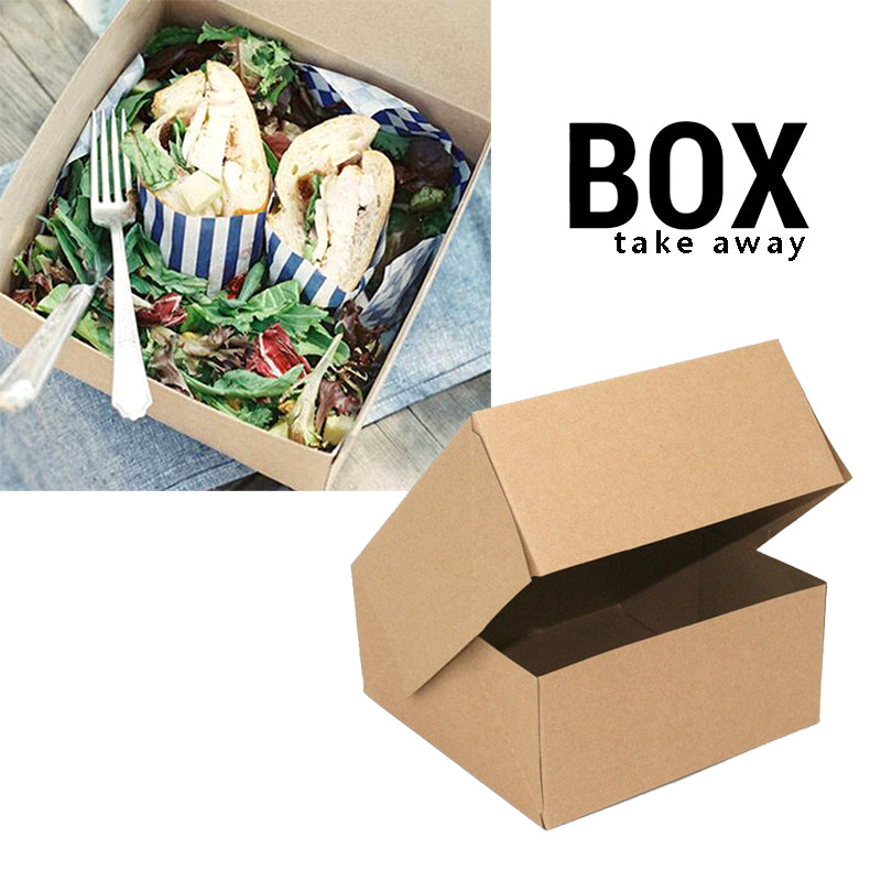 Scatola da asporto color avana mostrata socchiusa vuota ed aperta piena di cibo 
