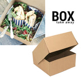 Scatola da asporto color avana mostrata socchiusa vuota ed aperta piena di cibo 