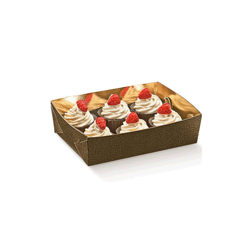 Scatola porta pasticcini con 6 pasticcini, color marrone ed interno oro