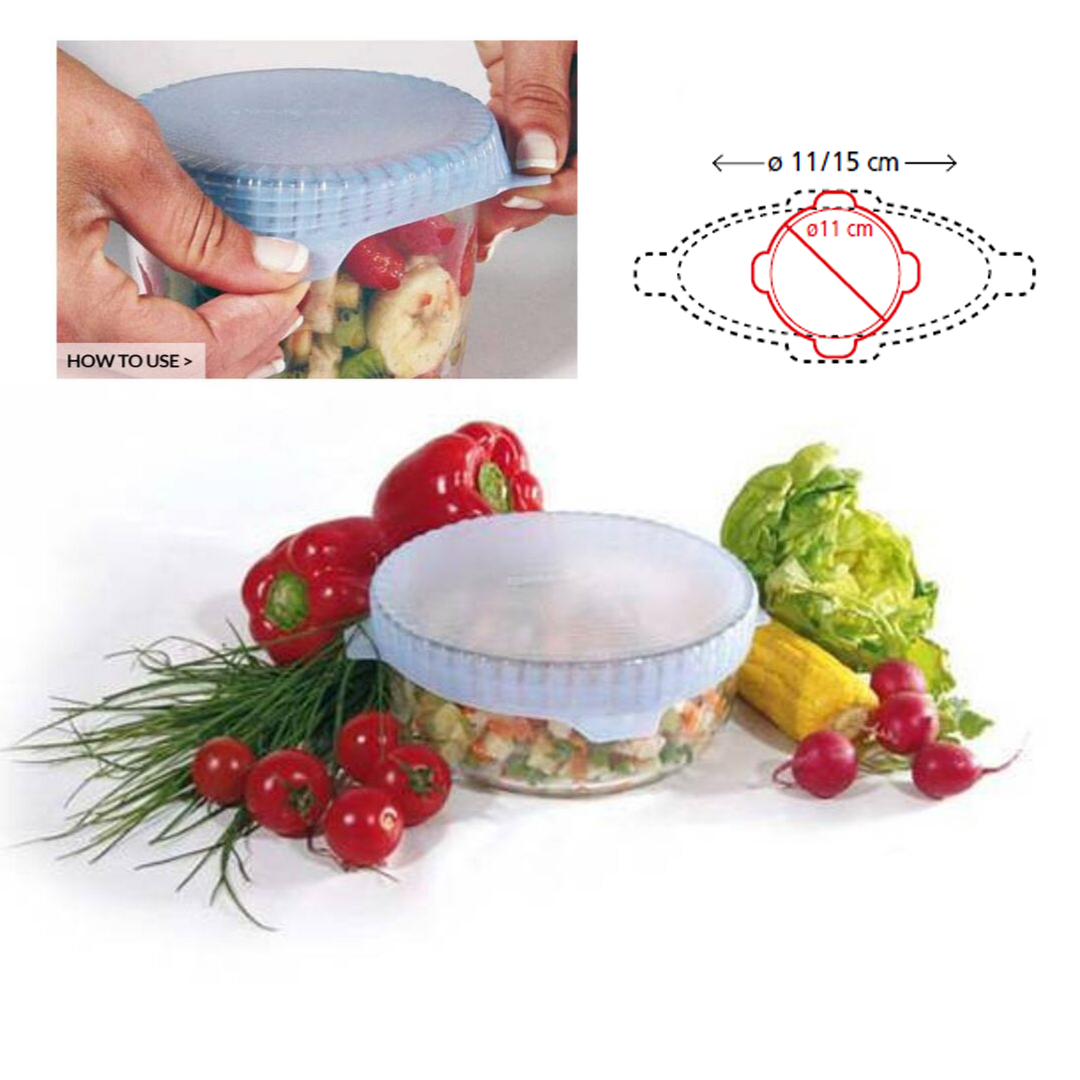 Coperchio elastico per vaschetta tonda, mostrato nel suo uso su vasetto con alimenti 