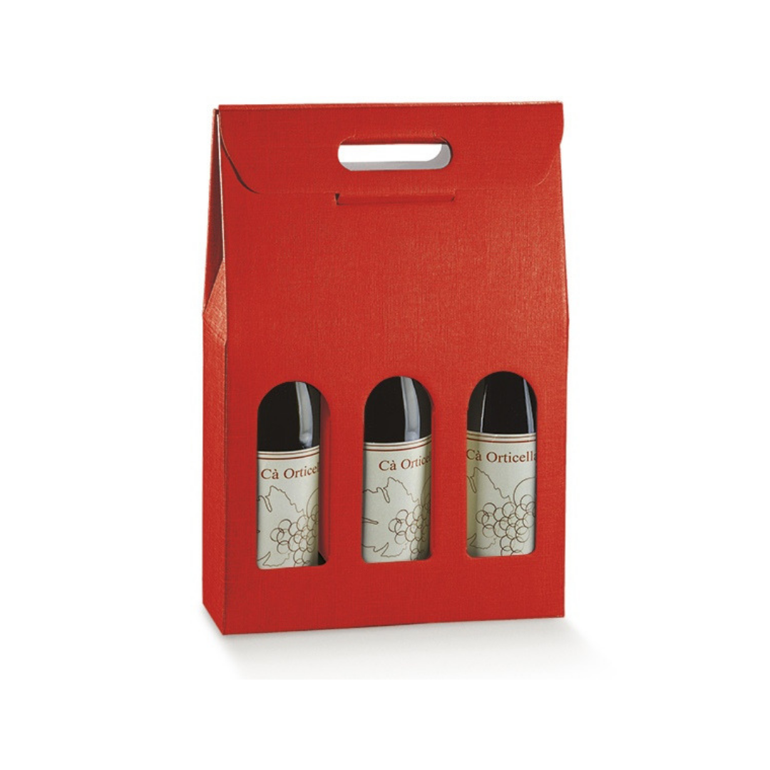 Scatola di carta rossa per tre bottiglie con tre finestre 