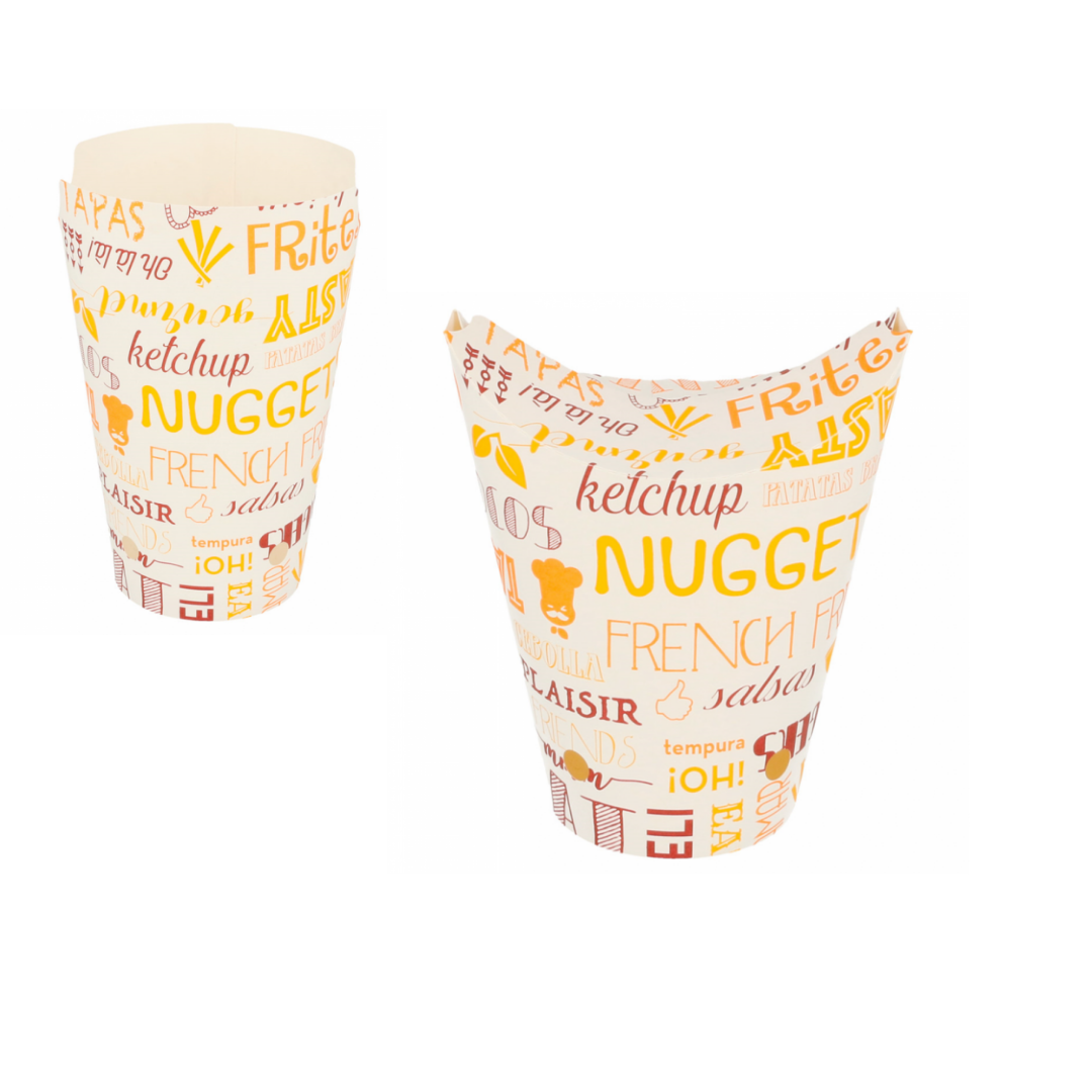 Contenitore per fritto d'asporto, mostrato aperto e chiuso con grafica parole 