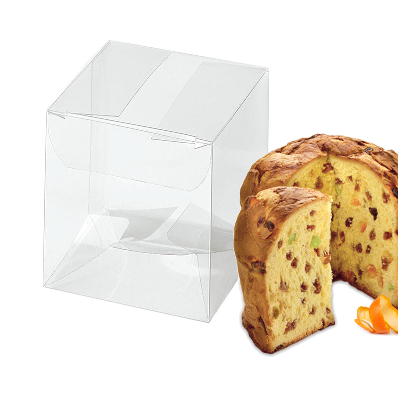 Scatole Trasparenti Per Alimenti con vicino un panettone tagliato 