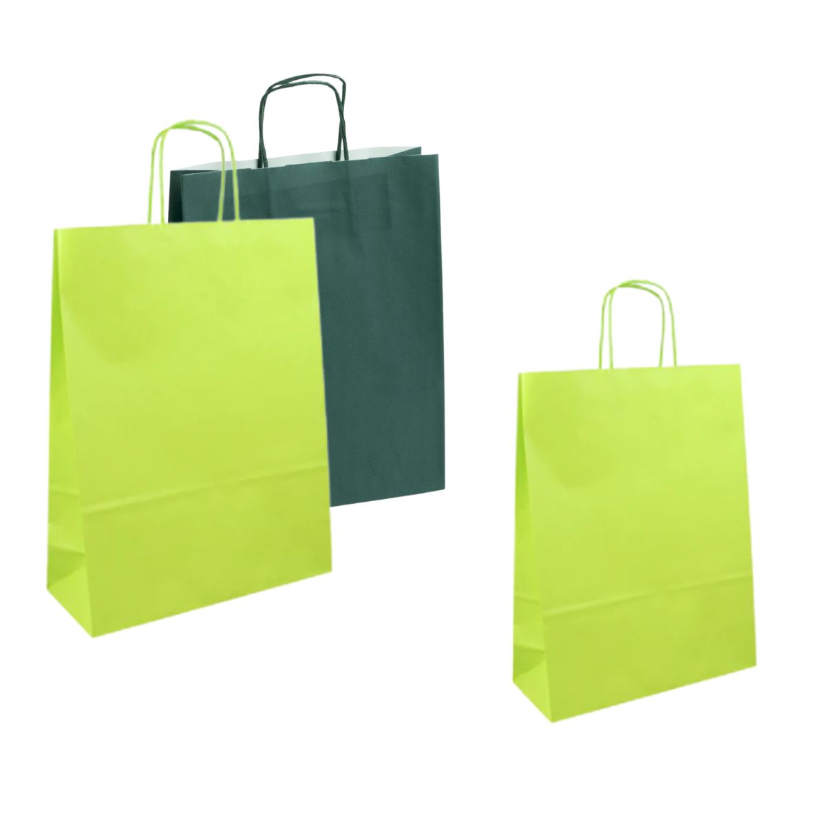 Shopper di carta, tre diverse misure, due verdi acido ed una vere scuro