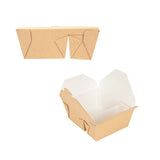 Contenitori per microonde in cartoncino color avana, due scomparti, mostrato chiuso di lato e da sopra aperto