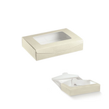 Scatole per alimenti con finestra. Finestra trasparente con film che fa da vetrina al contenuto, scatola in cartone per alimenti finitura pelle bianco. Mostrata chiusa ed aperta