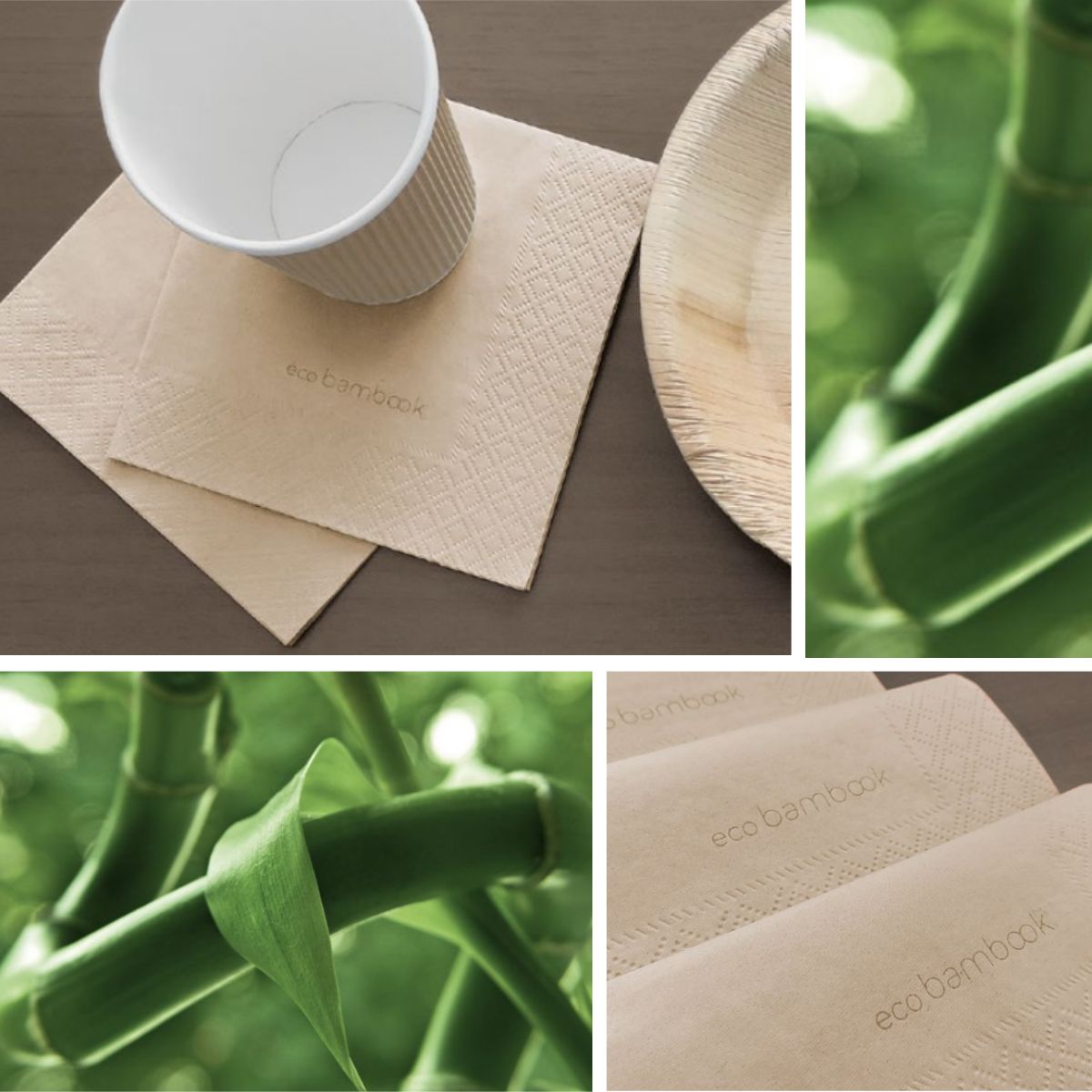 Tovaglioli di carta in bambo, mostrati soli, sotto un bicchiere di carta da asporto e immagini di bambù verde 