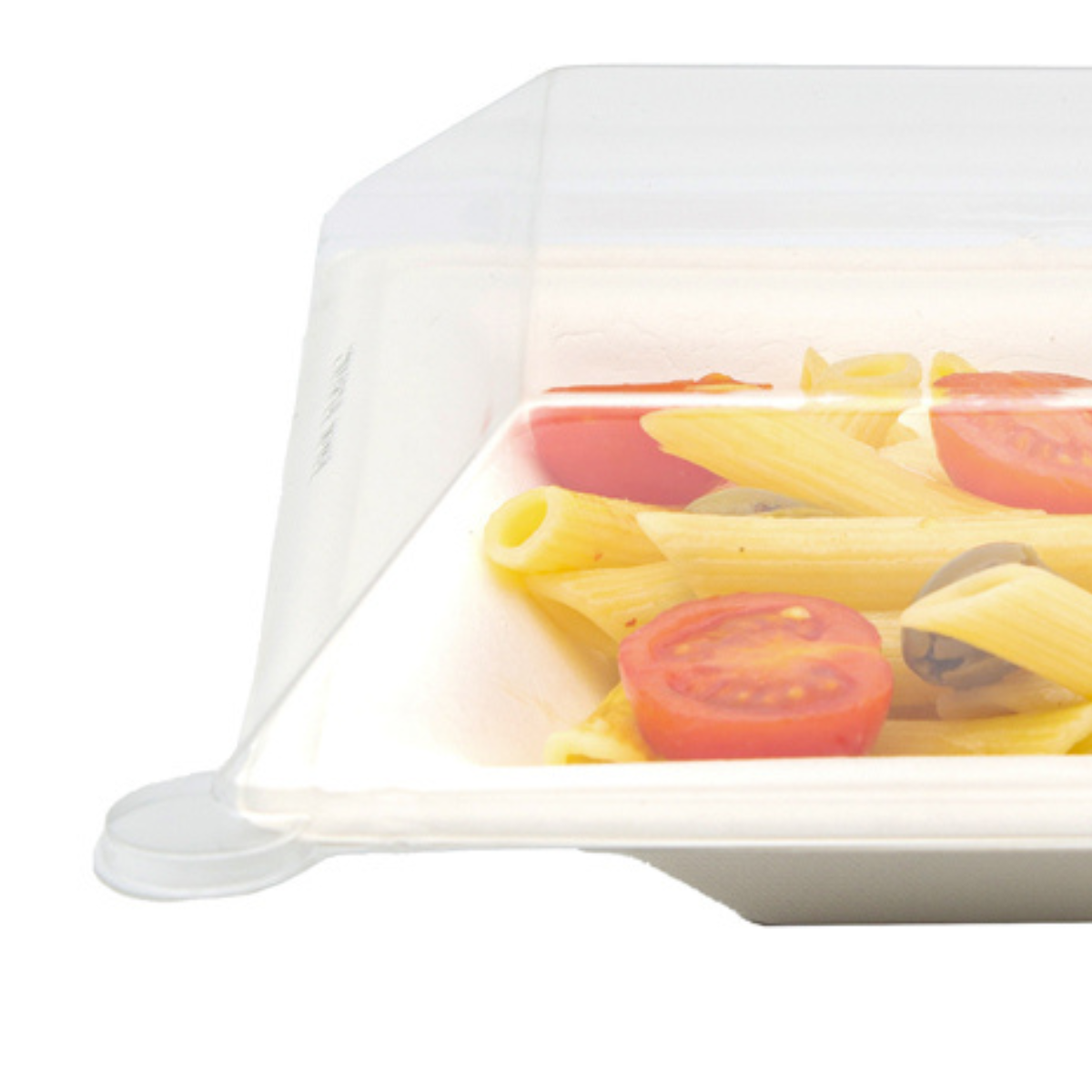 Dettaglio di contenitore in polpa di cellulosa con coperchio trasparente con dentro della pasta 