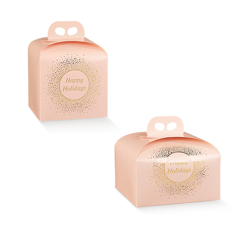 Scatola porta panettone alto e basso, rosa con scritta happy holidays dorata 