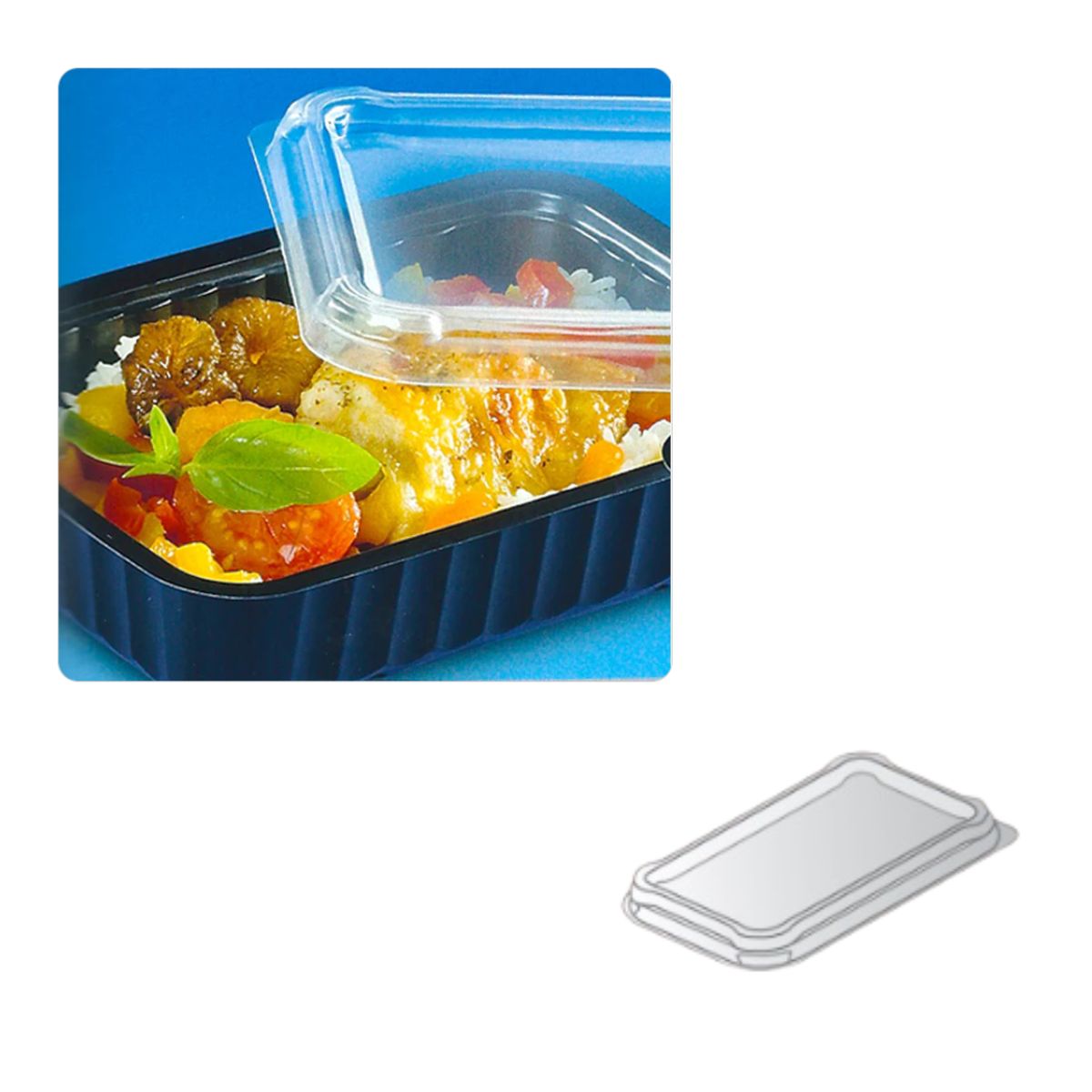 Vaschetta rettangolare di plastica base nera con cibo dentro e coperchio trasparente 